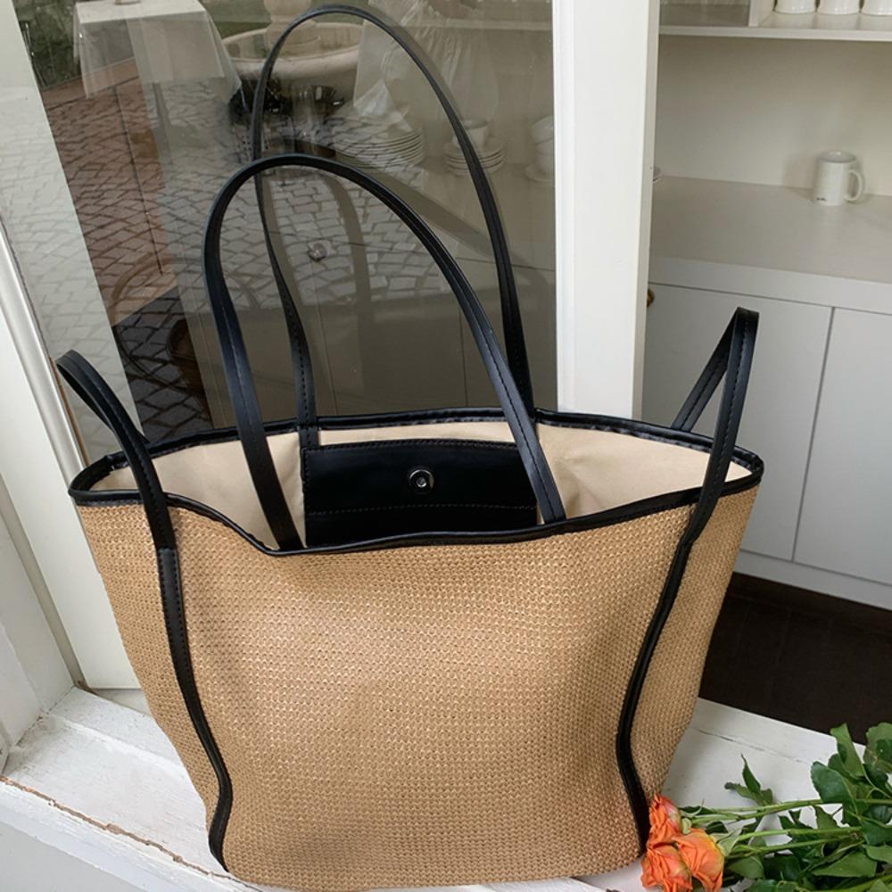 

Slouchy Weave Tote Bag Handbag Beach Shoulder Bag Simple Straw Bag Students чёрный