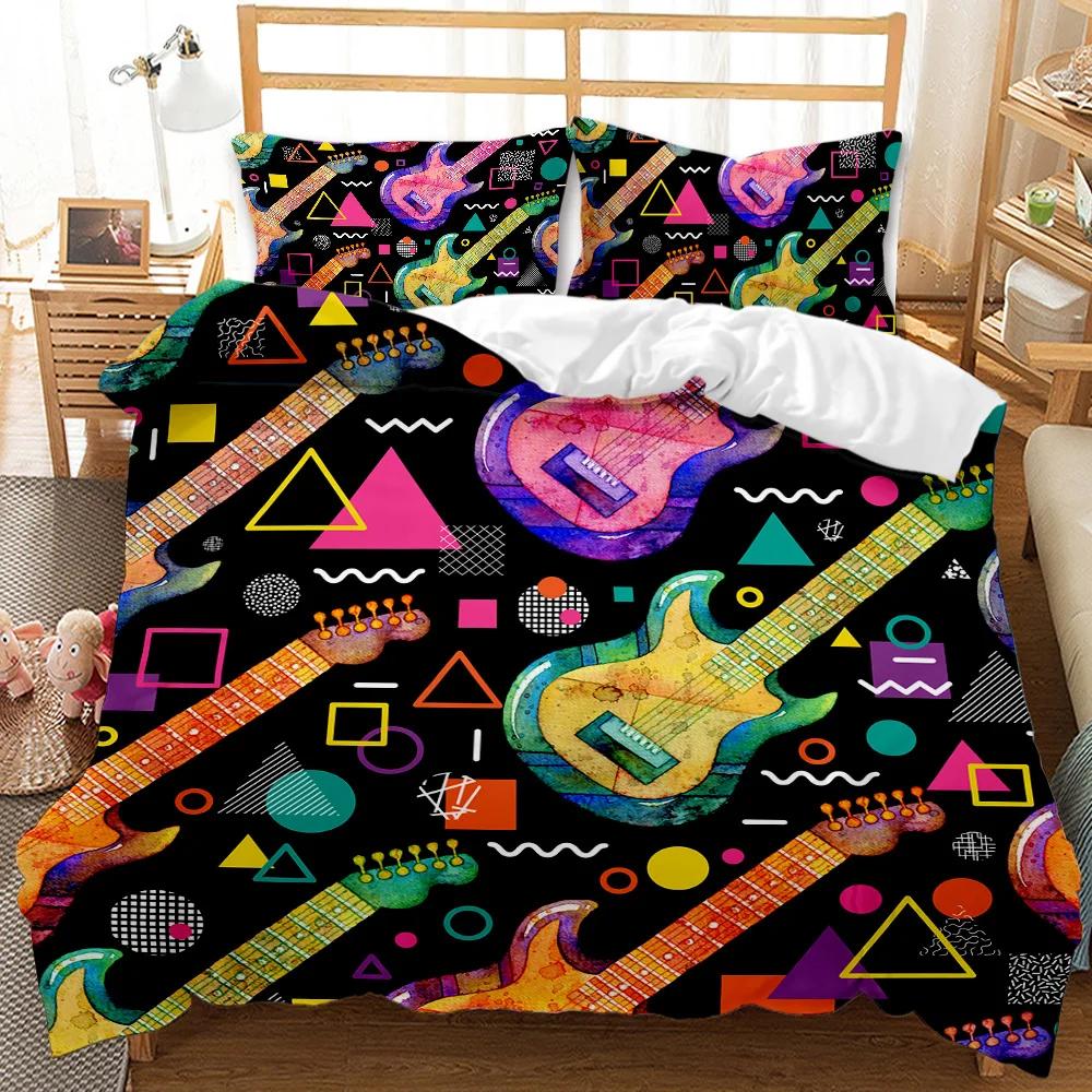 Guitar Duvet Cover Set Twin Rock Music Comforter Cover Set Hip Hop Hippie Quilt Cover Blue Guitar Polyester Bedding Set For Teen