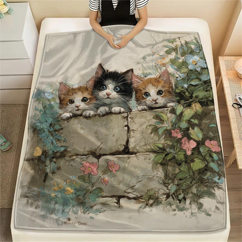 Peeking Cats Print Flannel Blanket, High quality Comfortable for All Seasons, Home Decor, Warmth and Comfort