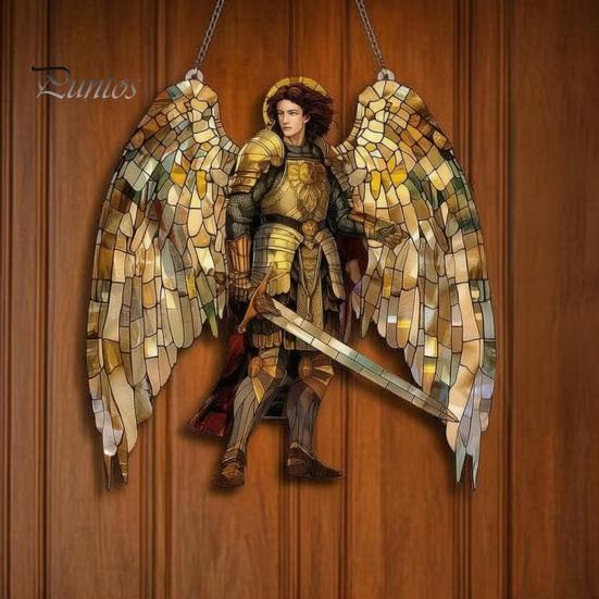 Religious Theme Room Decor Golden Archangel Warrior Acrylic Suncatcher, Faux Stained Glass Window Hanging Wing Armor Gift with Metal Chain,