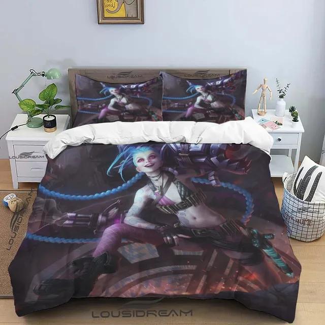 Kreslený Jinx Arcane: Ložní souprava League of Legends s postelí King, dvěma oddělenými postelemi, dětská 3dílná sada povlečení na peřinu z mikrovlákna nebo polyesteru