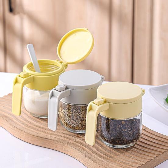 Glass Spice Jar with Airtight Lids Measuring Spoons 250ml Seasoning Bottle for Salt Sugar Seasonings Press-Type One-Hand Open Moisture-Proof Condiment