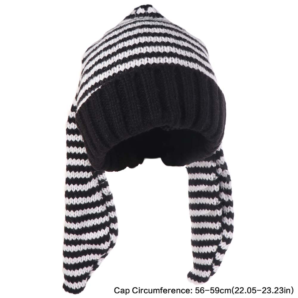 Y2K Rabbit Ears Hat Knitted Stripe Skull Cap Cute Women Beanie Hat  Outdoor