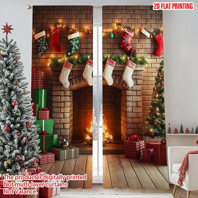 2pcs 2D Flat Printing Christmas Window Curtains Vintage Christmas Fireplace 100% Polyester Without Electricity Family Party for