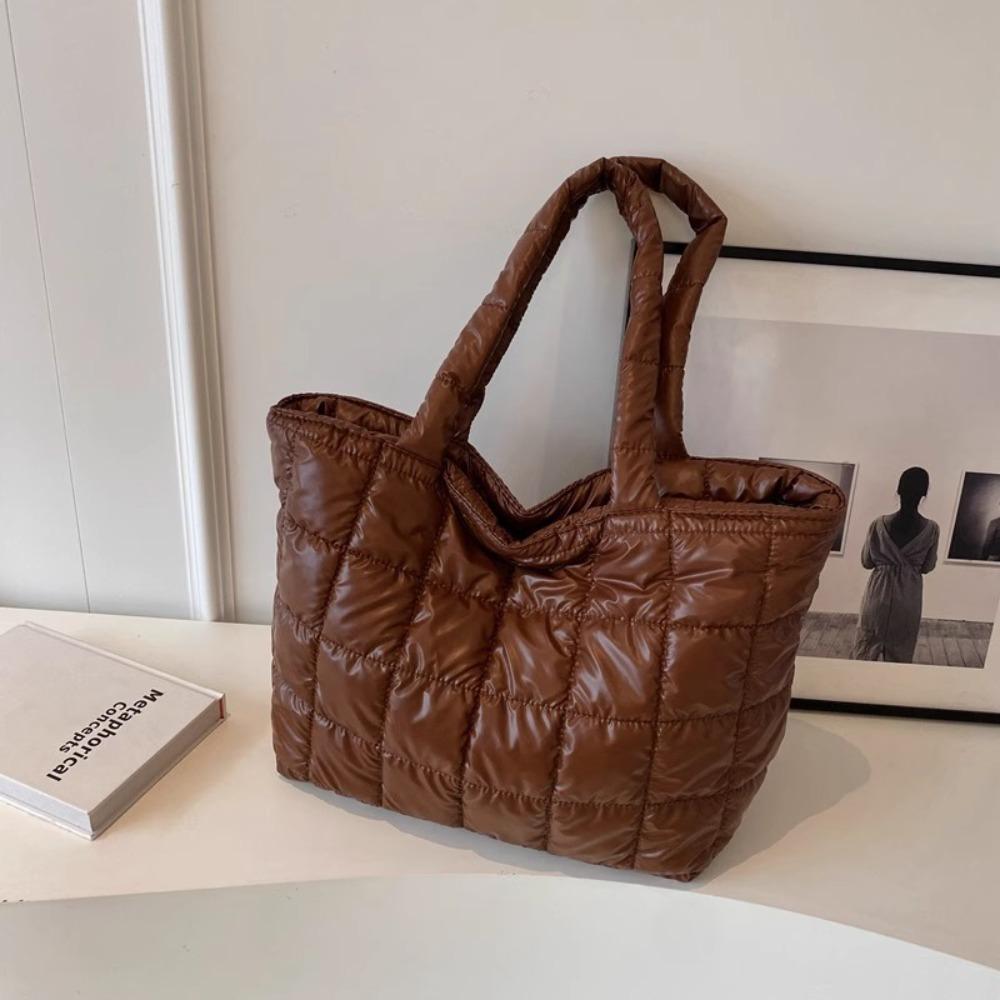 Checkered Down Cotton Shoulder Bag Korean Style Puffy Bag Cotton-padded Tote Bag  Office Worker