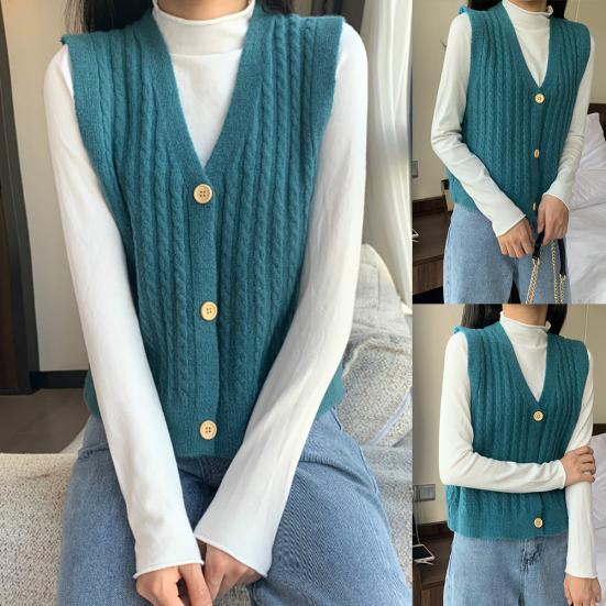 Women Solid Color V Neck Single-breasted Braid Knitted Cardigan Waistcoat Vest