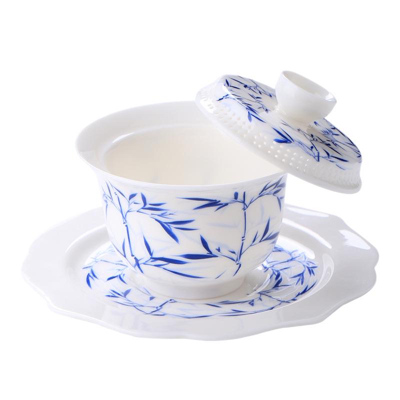 Large Dehua Mutton Fat Jade Ceramic Tea Bowl Set with Three Talents Lid