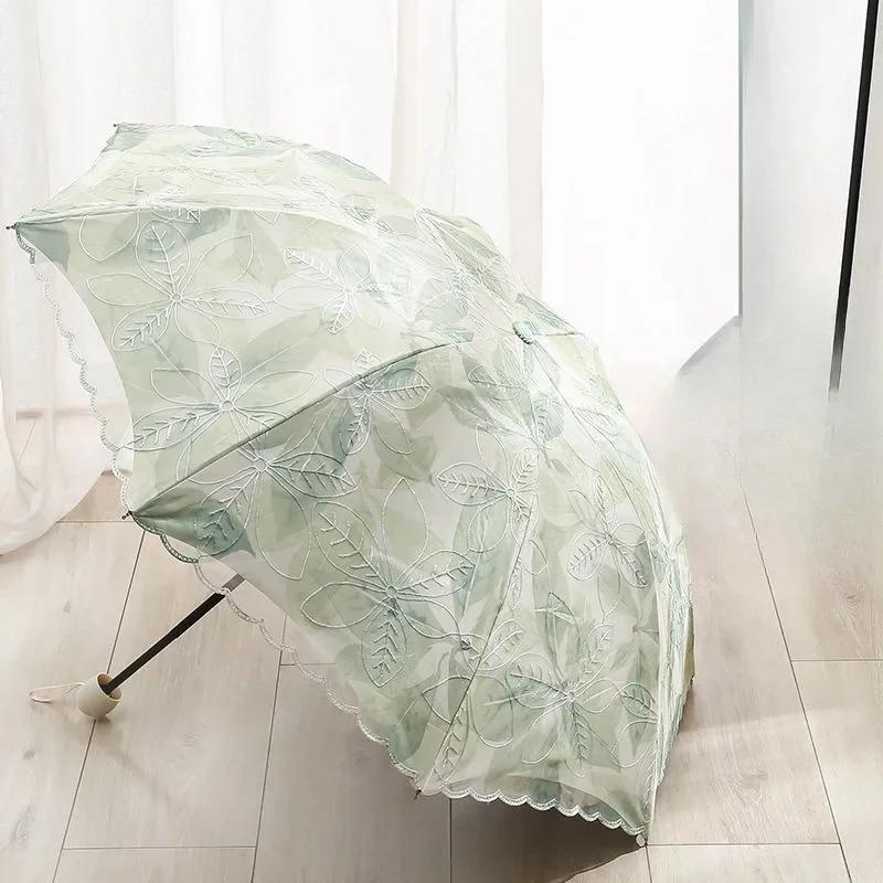Fashion Double-layer Lace Floral Embroidery Folding Umbrella Summer Outdoor Mini Sunscreen UV Protection Foldable Sunny Umbrella