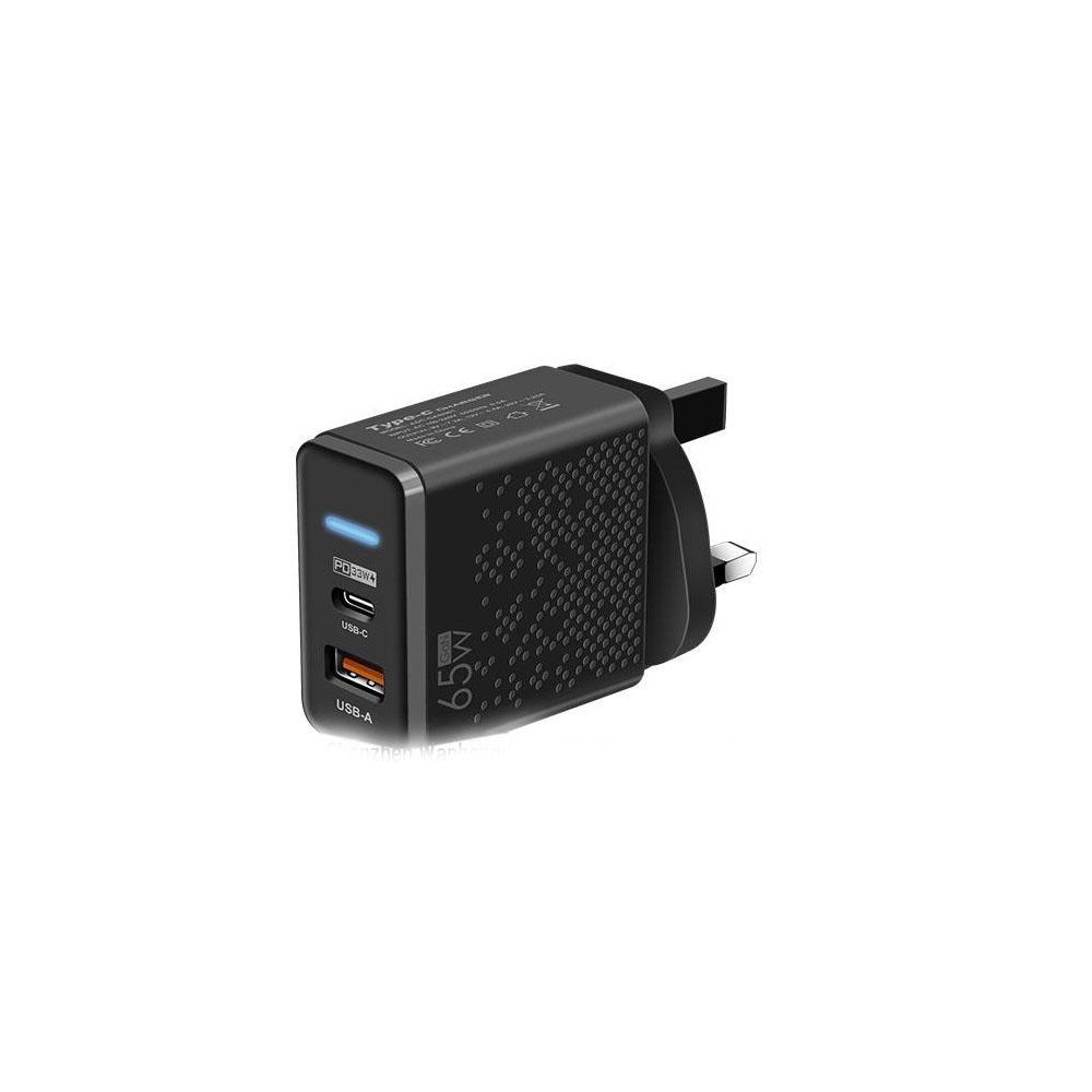 65W GaN LED nabíječka pro mobil a notebook - PD+USB rychlé nabíjení, EU/UK standard