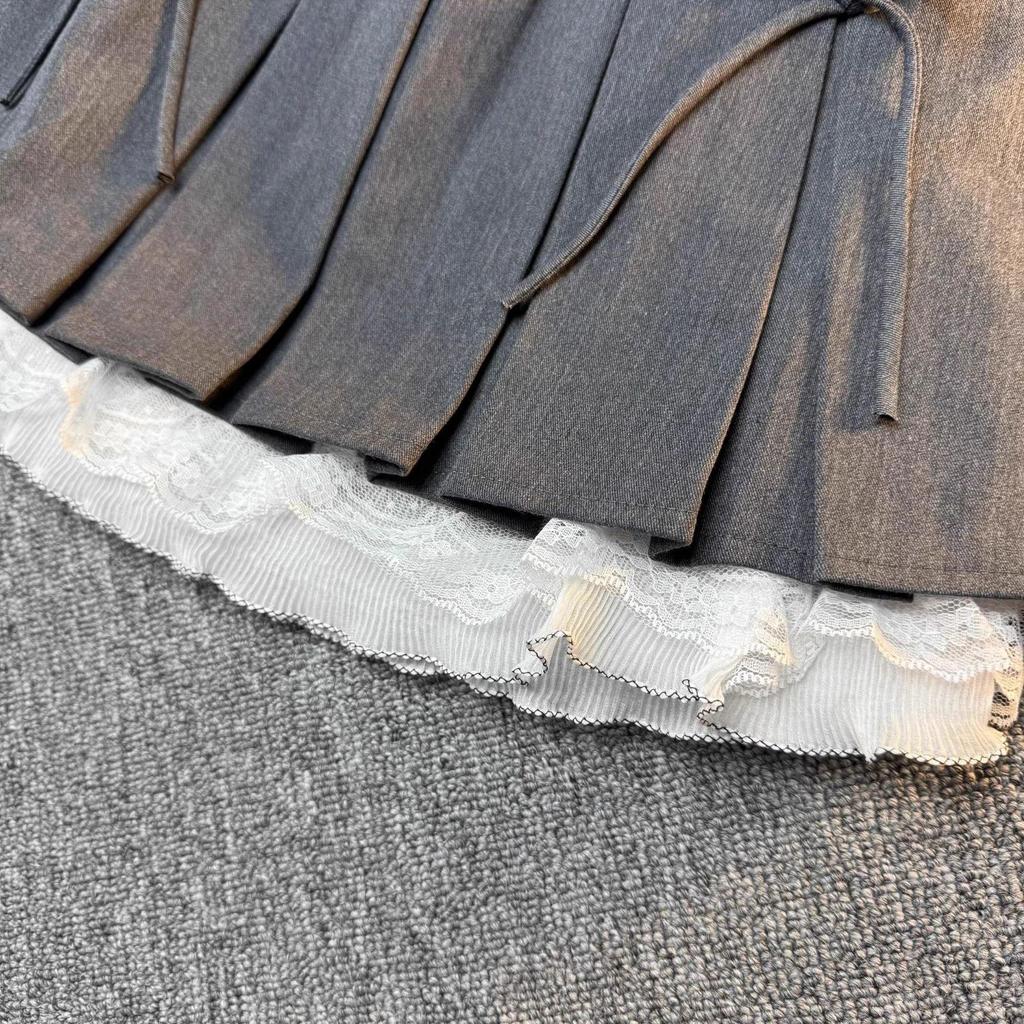 2025 Spring/Summer Girls' Korean Style Bow Lace Pleated Skirt Set