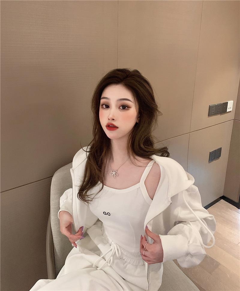 2024 Spring Hong Kong Style Women's Casual Three-Piece Sportswear Set: Long Pants, Zipper Hoodie, Camisole.