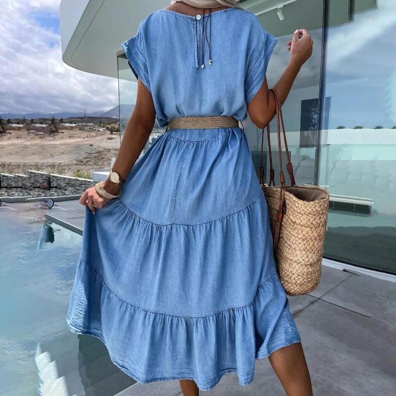 Dámské jarní plisované jednobarevné šaty s kulatým výstřihem, krátkým motýlkovým rukávem, ke kolenům, s vysokým pasem