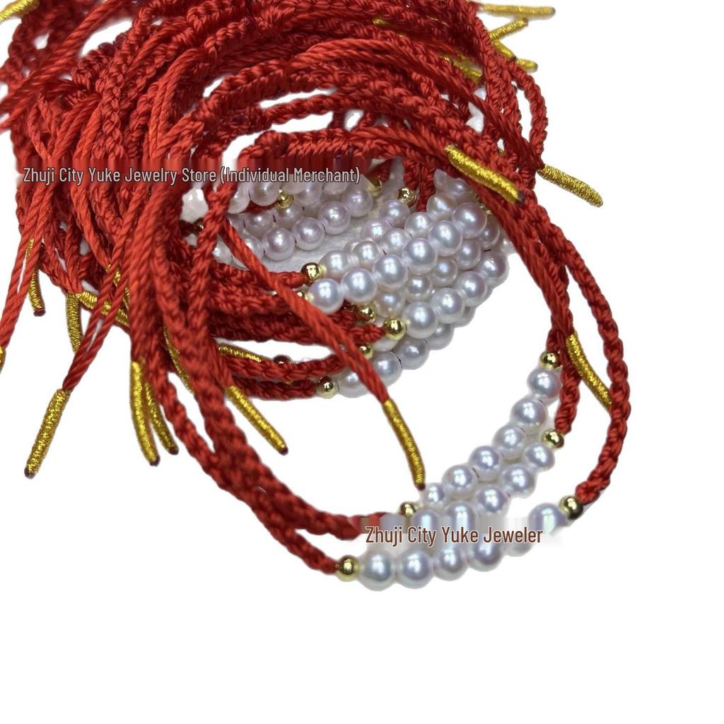 Adjustable Bracelet with Freshwater Pearl, S925 Silver Spacer, Hand-woven Red String, 4-5mm Round Beads