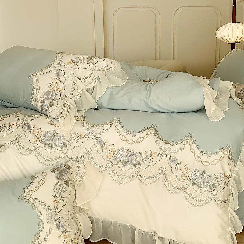 1000TC Egyptian Cotton Romantic French Princess Bedding Set Rose Embroidery Lace Ruffles Duvet Cover Set Bed Sheet Pillowcases