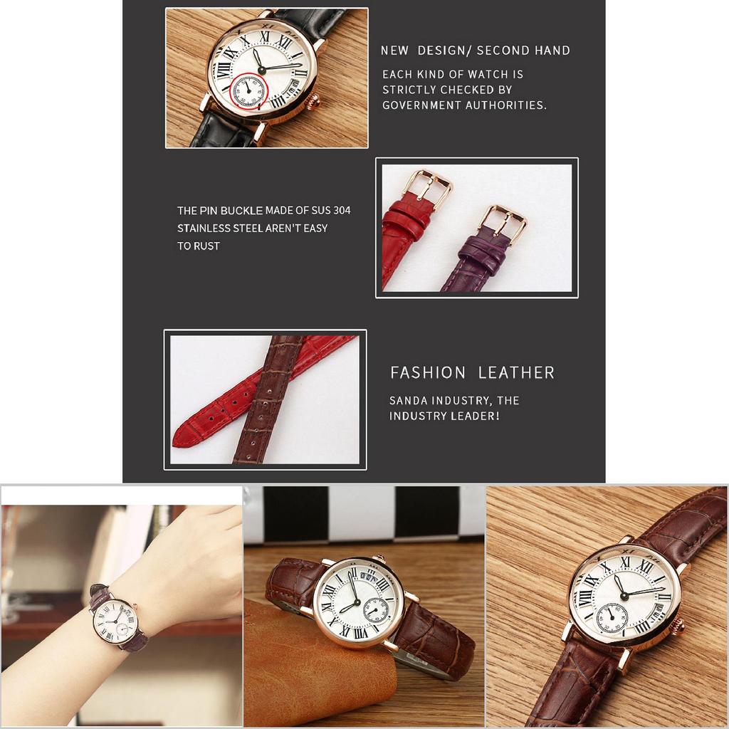 Sanda Lady Analog Round Quartz Leather Strap Date Watch Classical Wristwatch