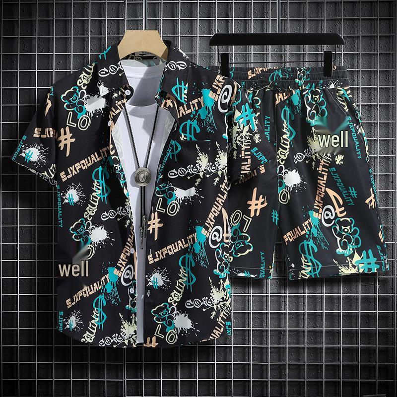 Herren Retro Blumen Kurzarm Hemd Set - Hainan Strandmode, Sanya & Hawaii Stil