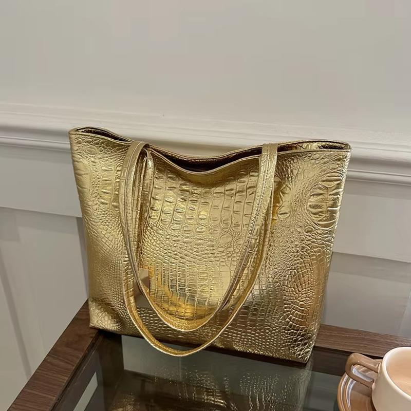 Modische lässige Damen-Großtasche, metallisch glänzende Umhängetasche mit Krokodilprägung für den täglichen Einkauf von Damen gold