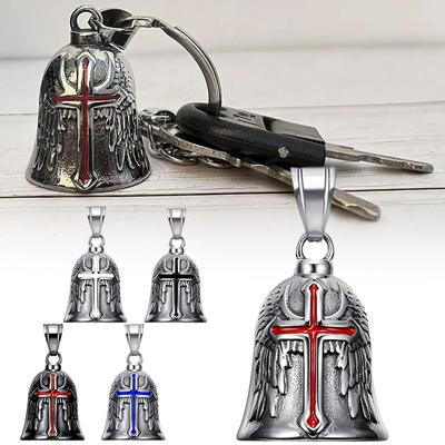 Angel Wing Guardian Bell Motorcycle Lucky Charm Retro Punk Knight Cross Pendant Black Metal Biker Accessory Evil Eye Protector