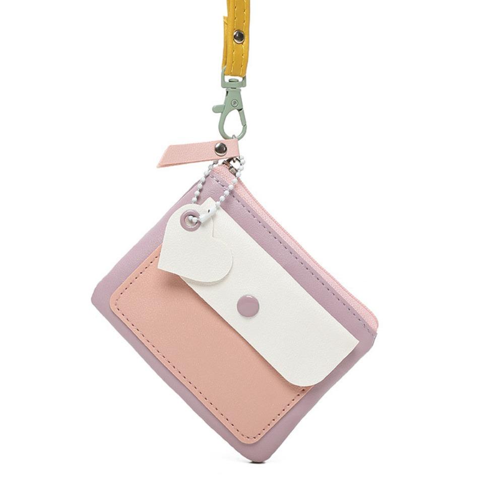 Simple Macaron Color Hanging Neck Wallet Lanyard PU Leather Zipper Coin Purse Card Bag Keychains Card Holder Women