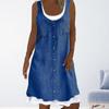 Summer Women Sleeveless Dress Casual Fake Two Piece Crew Neck Lady Denim Dresses Button Trim Loose Fit A-line Female Tank Dress