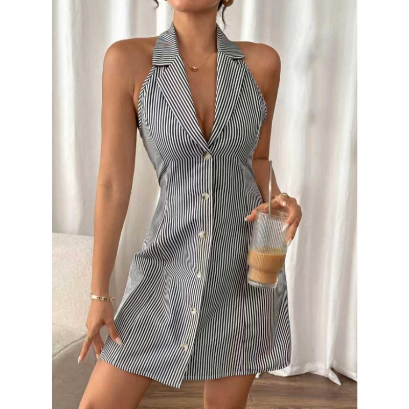 Summer Halter Strap Bow Striped Beach Shirt Dress Single-row Button Printed Backless A-shaped Sexy Suspender Party Dress Slim Mini Dress for Women