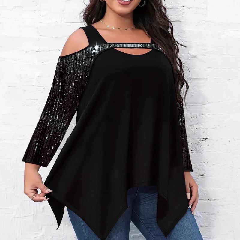 

Spring Autumn Street Style Hollow Out Sequins Irregular T-shirt Women Long Sleeve Off the Shoulder Pullover Tee Top L
