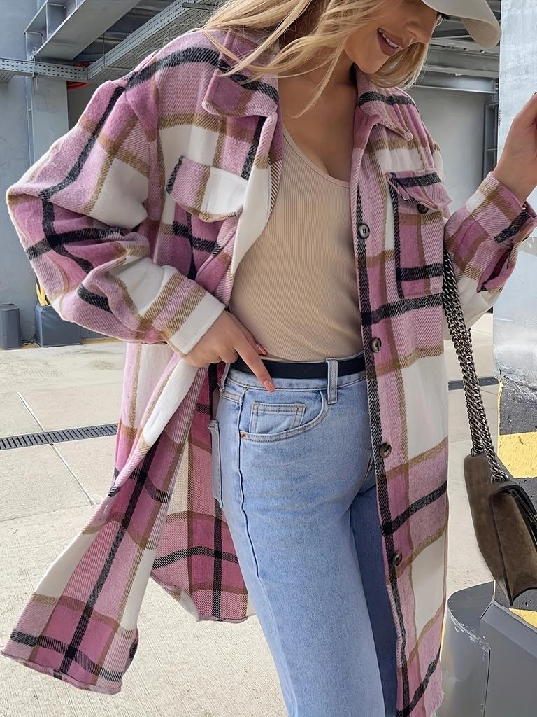 Winter New Cross-border Women's Clothing European And American Loose Casual All-match Mid-length Plaid Shirt Long-sleeved Jacket