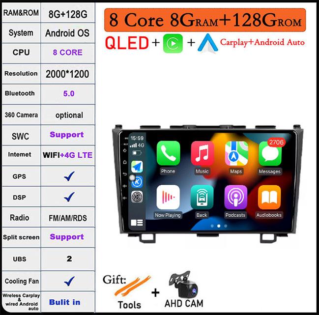9 Lnch Android 14 For Honda CRV CR-V 3 RE 2006-2012 Car Radio GPS Navigation Multimedia Player Stereo Head Unit QLED Screen