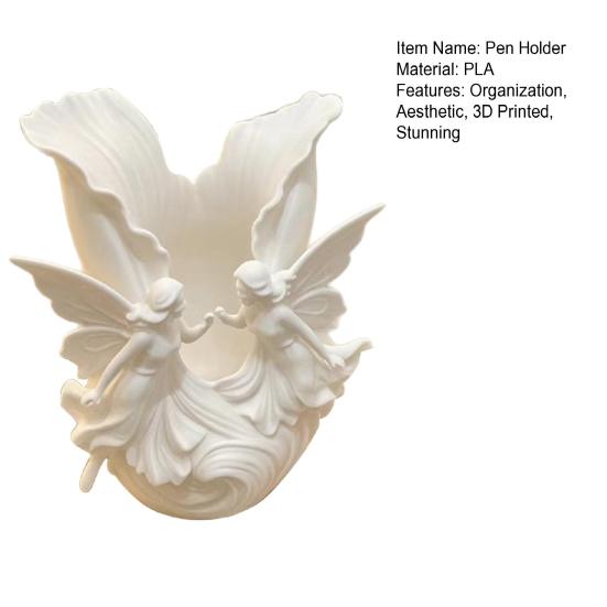 3D Printed Pen Holder 2 Angels Wings Decorative Pencil Cup Multi-functional Desk Organizer for Office Home Workspace