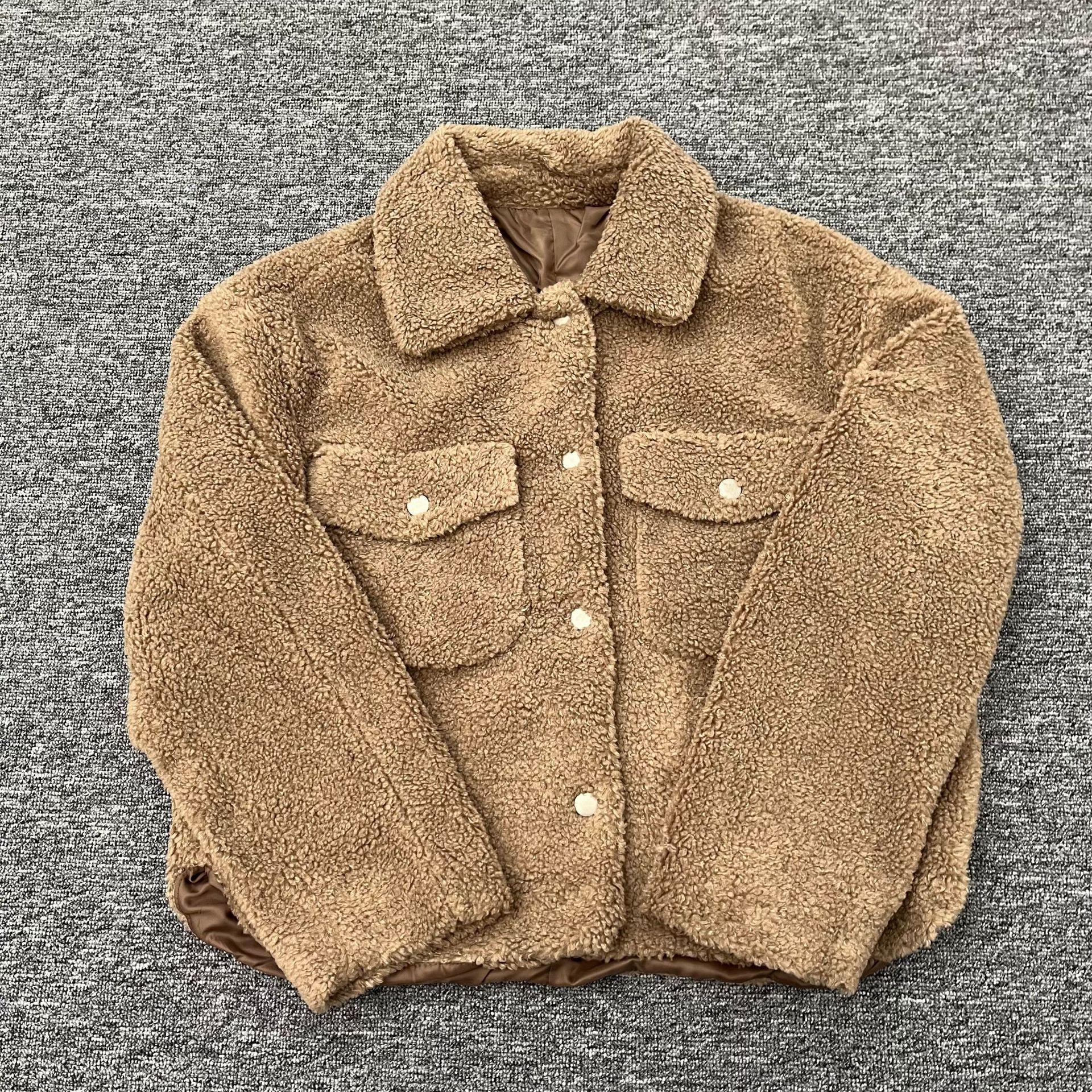 

2024 Autumn/Winter Women s Slim Short Turn-Down Collar Fleece Coat S хаки