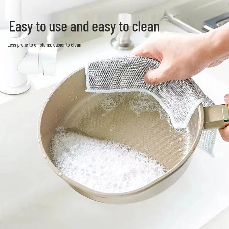 Silver Double-Sided Steel Wire Scouring Pad - Replaces Steel Wool, Non-Stick Oil Dishcloth for Kitchen Cleaning
