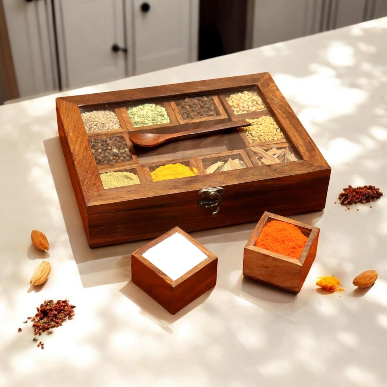 

Деревянная коробка для специй с 12 контейнерами и ложкой, контейнер для специй для кухни, масала дабба, намакдани для кухни, деревянная коробка для масалы