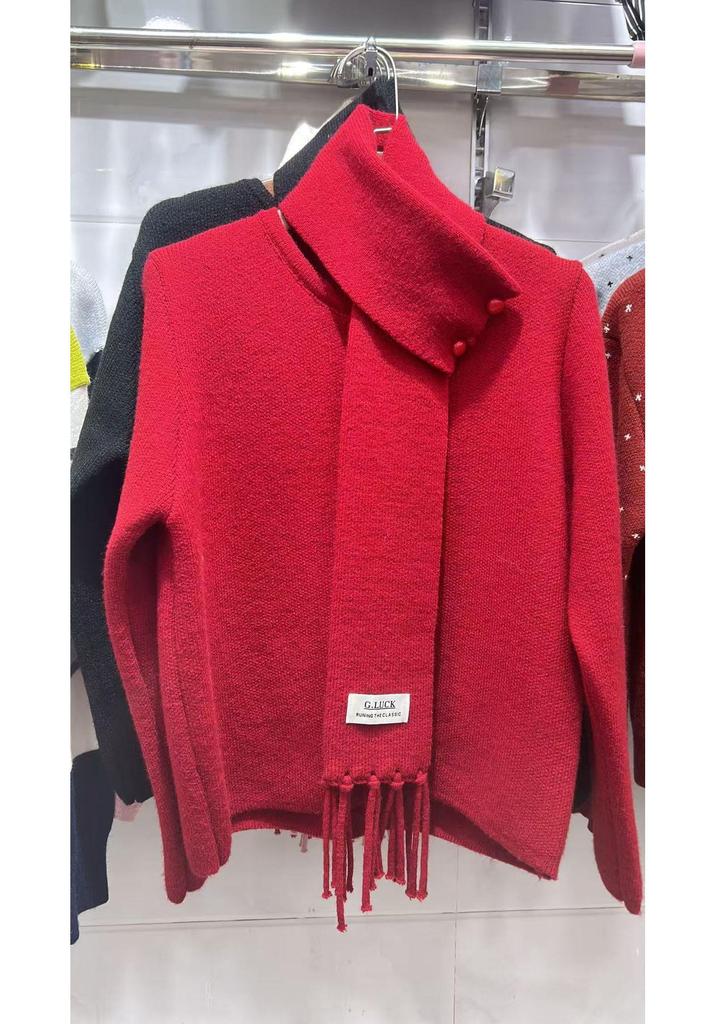 Retro Red Christmas Sweater with Detachable Scarf - Women's Winter Knit Top