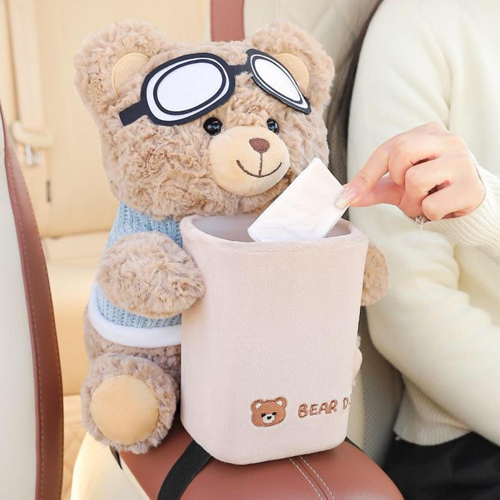 2-in-1 Cartoon Bear Plush Tissue Holder &Trash Can Car Tissue Holder Vehicle Plush Trash Can Creative Car Armrest Storage Bucket