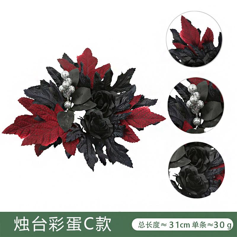 Halloween Candlestick Black Wreath Simulation Flower Maple Leaf Party Decoration Candle Tabletop Ornament Simulation Wreath