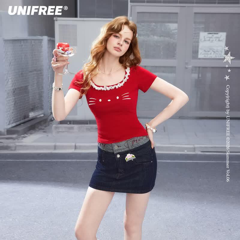 UNIFREE Cat Print Color-block Lace T-shirt One Size