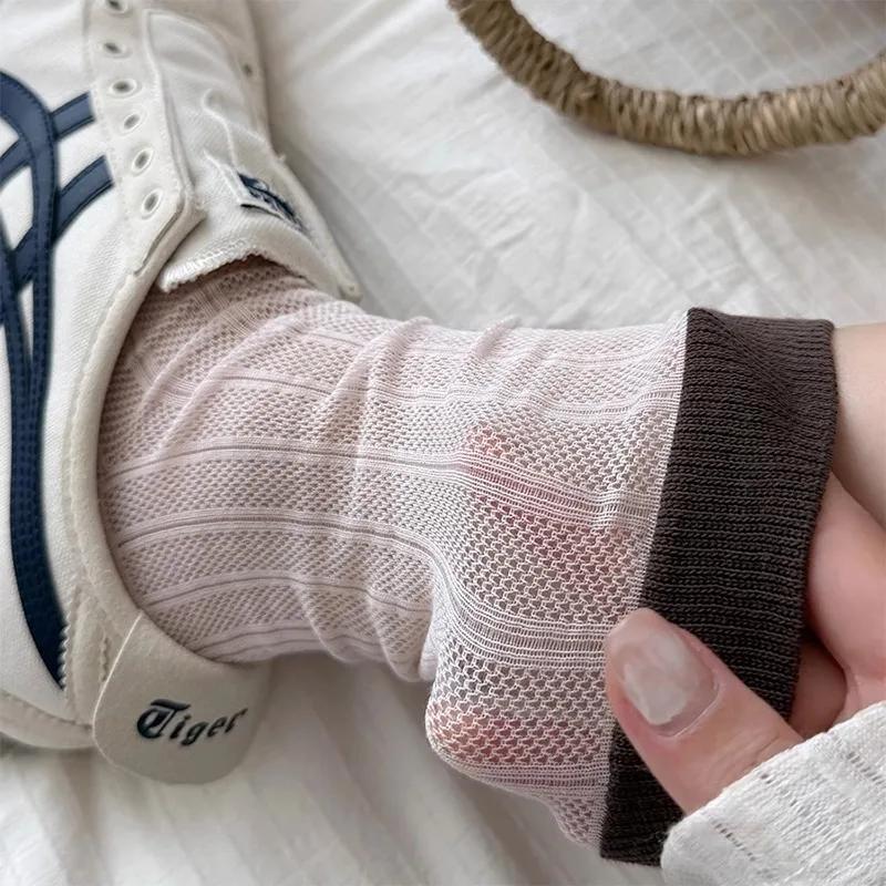 5/10 Pairs Women Mesh Color Blocked Mid Tube Socks Spring Summer Hollow Out Thin Design Breathable Soft Comfortable Casual Socks