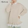 Korean Style Autumn Winter Women Hoodies Turn-Down Collar Patchwork Striped Oversized Pullover Layered Ruffles Outerwear