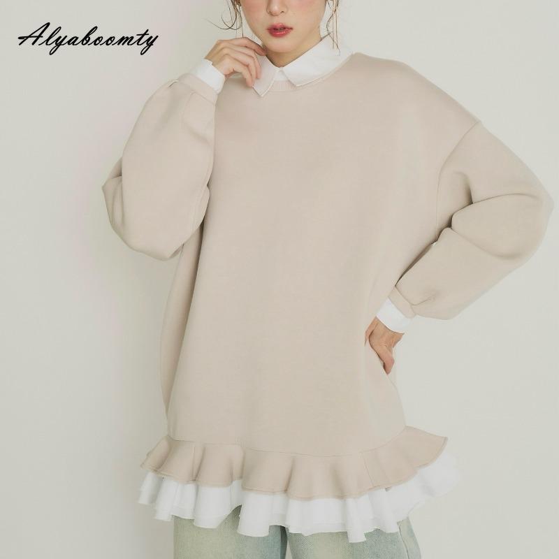 Korean Style Autumn Winter Women Hoodies Turn-Down Collar Patchwork Striped Oversized Pullover Layered Ruffles Outerwear