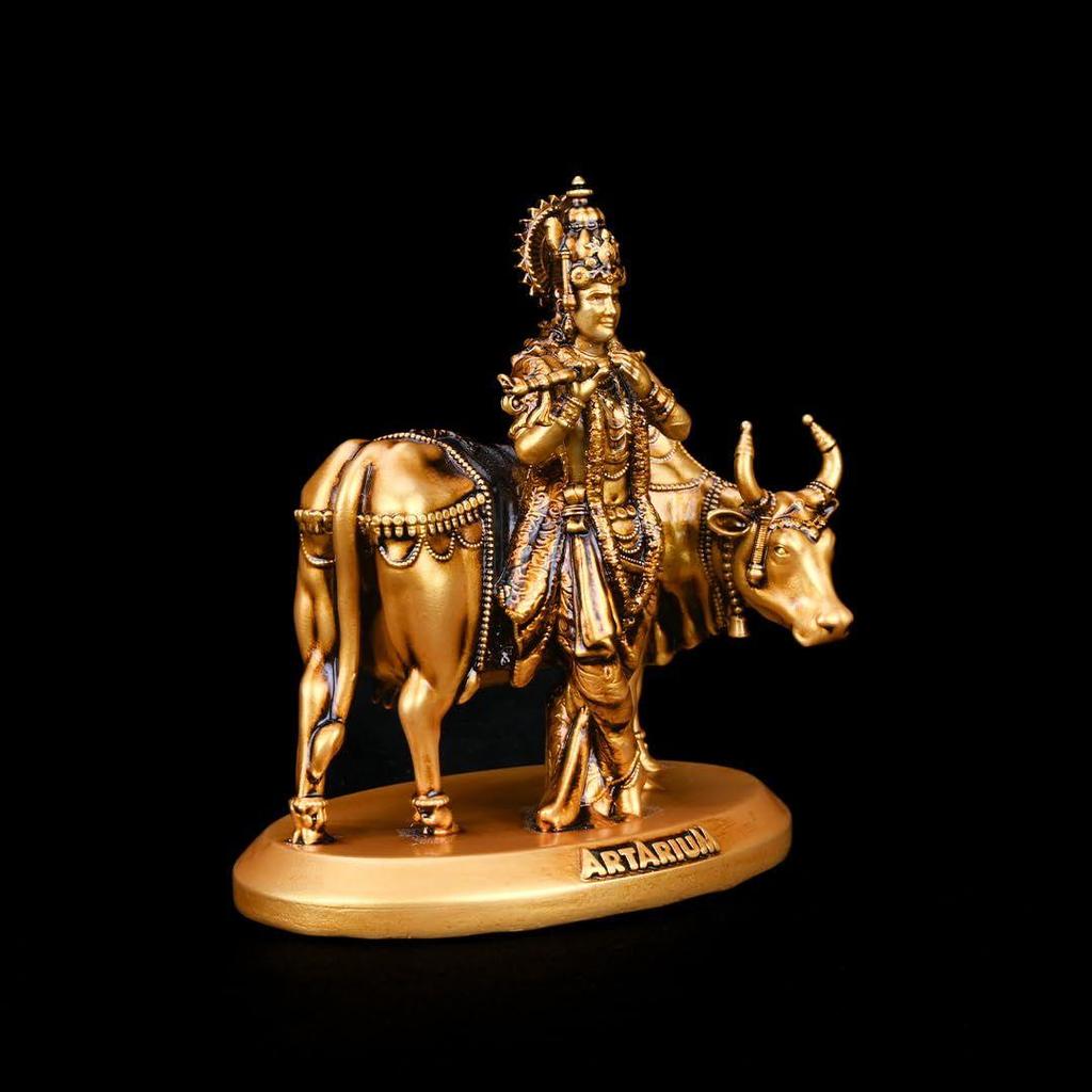 Handcrafted Krishna with Cow Murti Idol Statue Janmashtami Showpiece for Car Dashboard Home Decor Office and Table Decorative