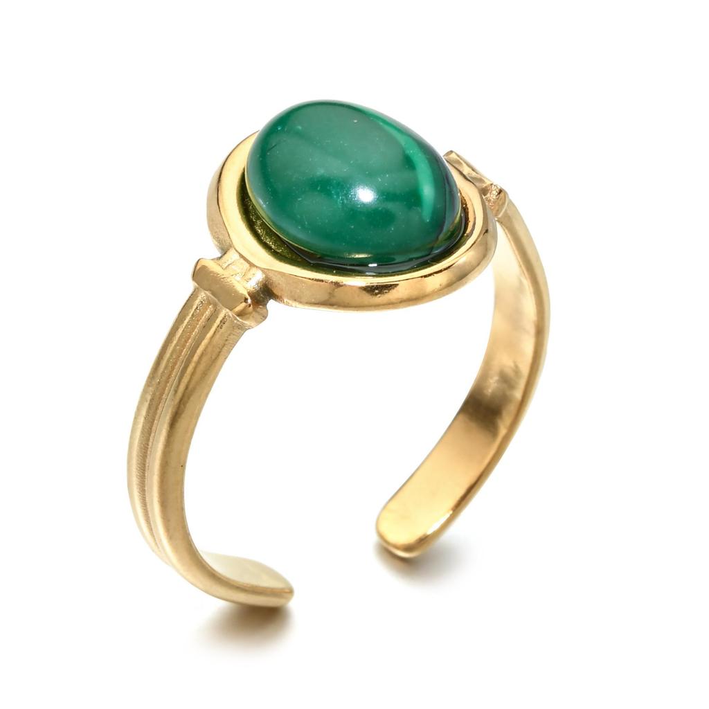 Bague ouverte ovale en pierre semi-précieuse – Bague tendance en acier titane résistant à la lumière pour femme