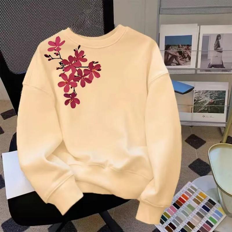 Autumn Winter Round Neck Sweatshirt Cherry Blossom Print Loose Casual Long Sleeve Pullover