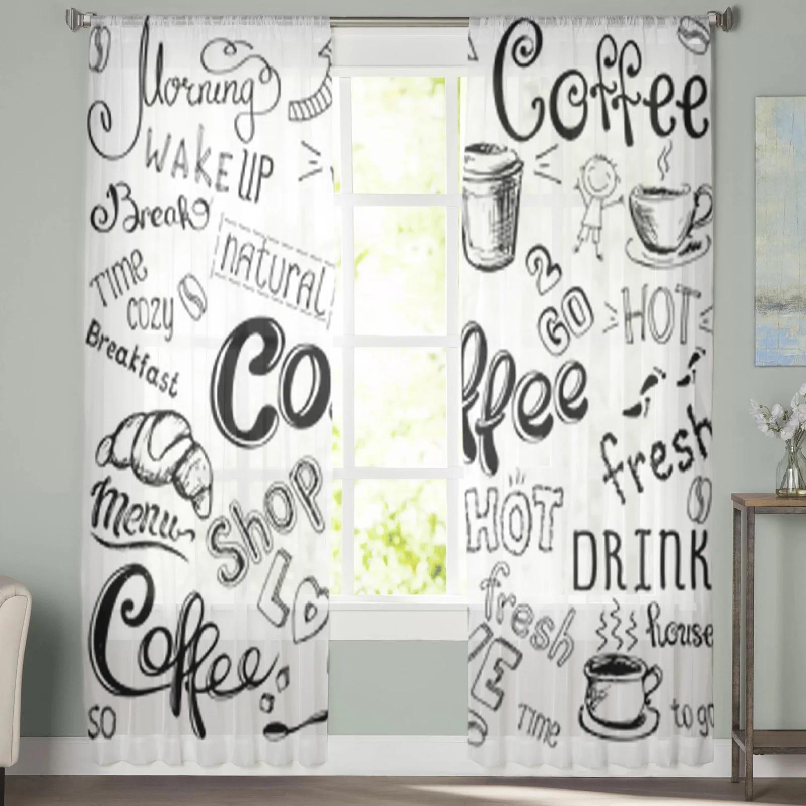 

Hand Drawn Coffee Cups Sheer Curtains Bedroom Voile Curtain Living Room Window Sheer Curtains Kitchen Tulle Drapes