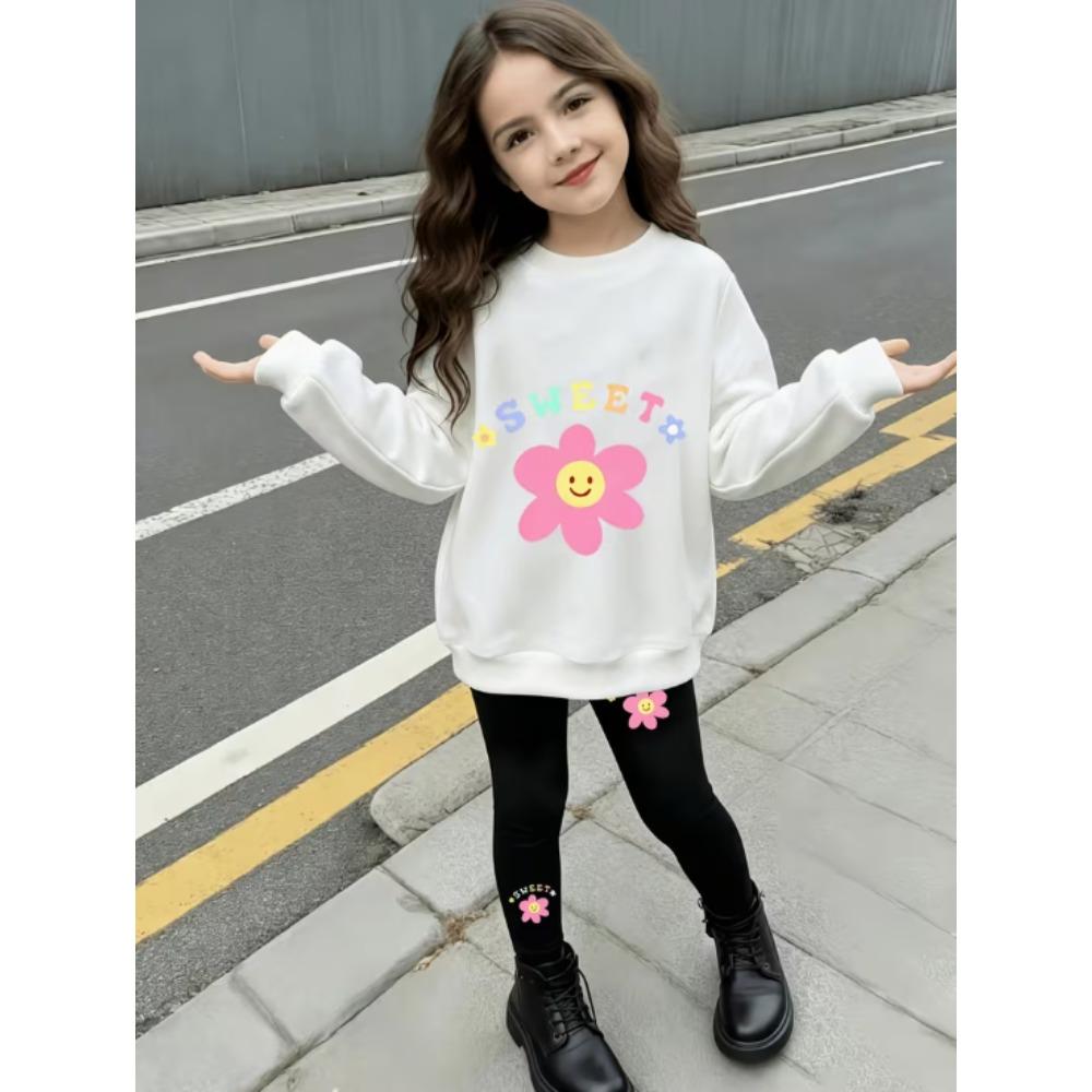 Girls' Smiley Flower Casual Comfortable Soft Loose Pullover Sweatshirt and Leggings 2-Piece Set, New Autumn/Winter, Playful, Sweet and Cool Style
