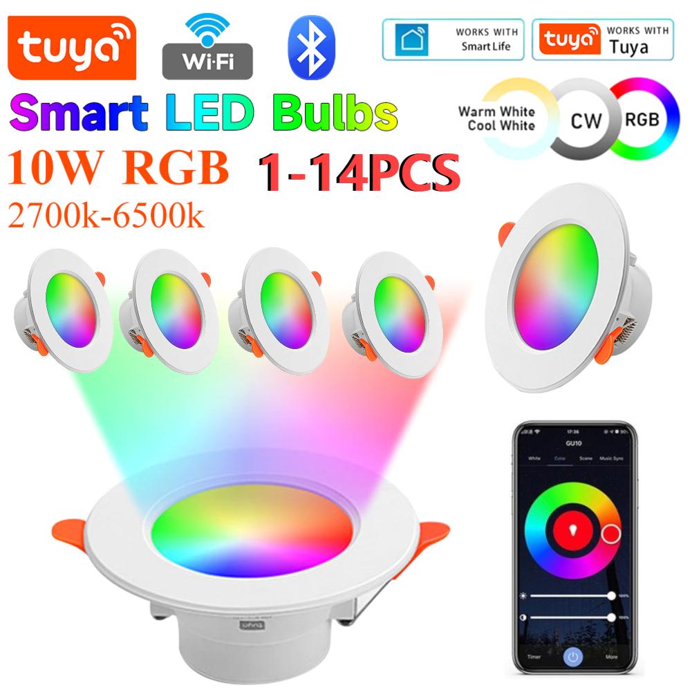 1-14PCS 10W Smart LED Downlight Bluetooth-Compatible Recessed Ceiling Lamp Dimmable Round Panel Light for Home Living Room Decor