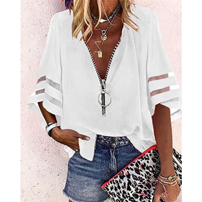 YYFS Women's Fashion Casual Summer Spring Solid Color Print 1/2 Sleeves V-Neck Blouses & Shirts