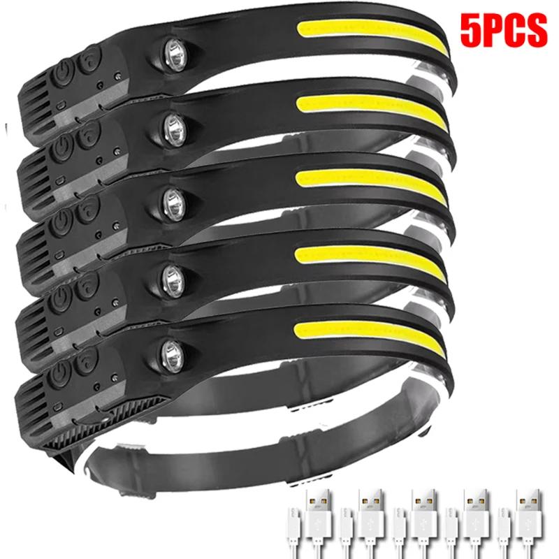 COB LED Headlamp Induction Head Lamp Built-in Battery USB Rechargeable Head Flashlight Outdoor Camping Fishing Sensor Headlight