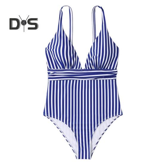 

Летний монокини с V-образным вырезом, открытой спиной, цельный купальник-бикини с полосатым принтом, быстросохнущий, облегающий, облегающий, контурирующий фигуру монокини S темно-синий