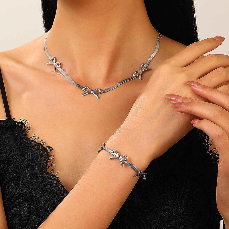 Stainless Steel Punk Flat Snake Chain Necklace Vintage Creative Bow Bracelet Women's Aesthetic Banquet Y2K Elegent Jewelry Set