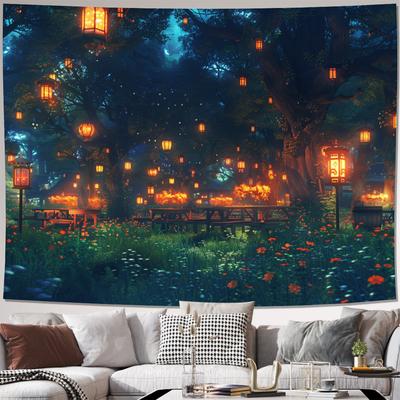 1pc Magical Forest Tapestry  Lanterns  Floral Night Scene Wall Hanging Decor  Soft Peach Light Beigelike Texture  No Electr